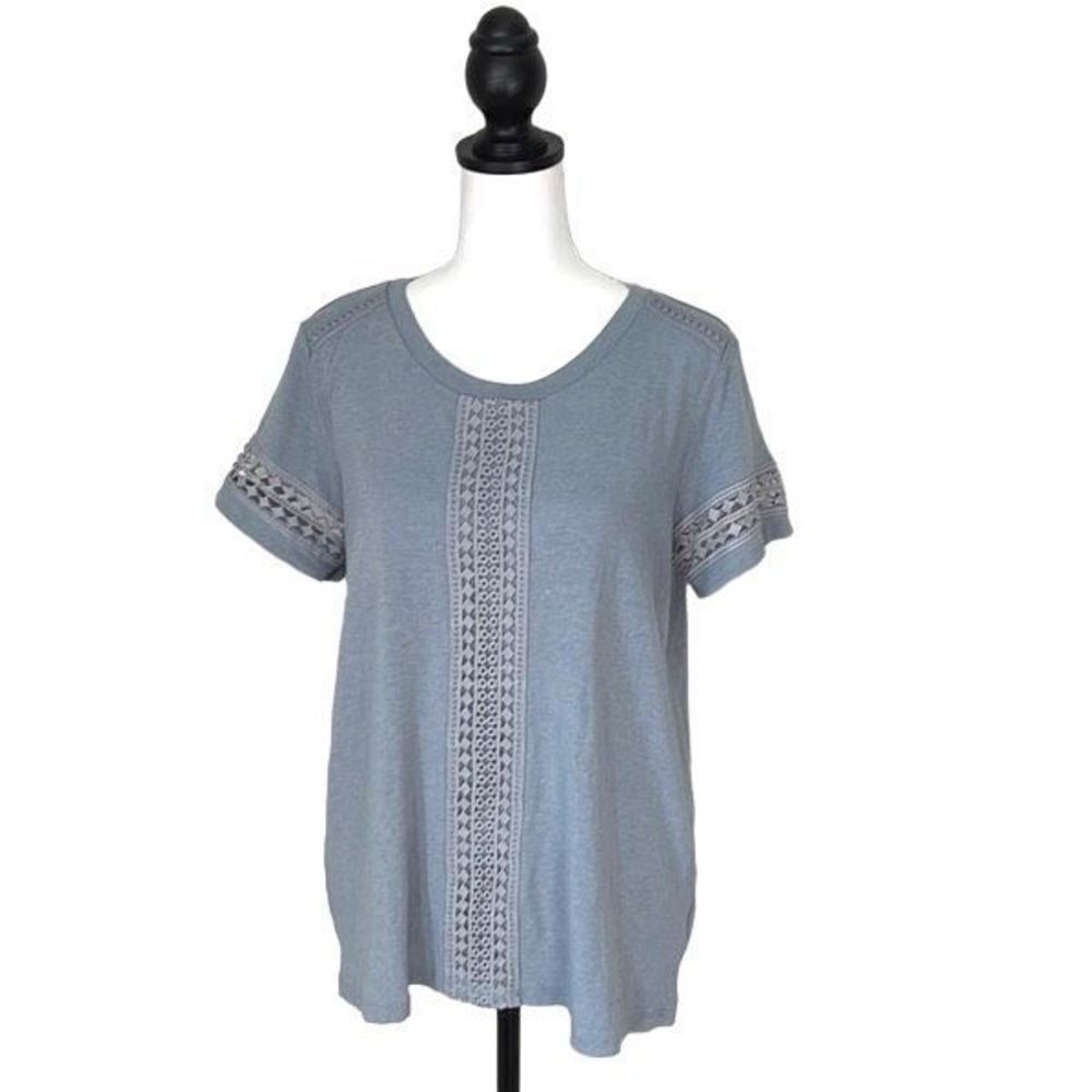 Hem & Thread Womens‎ Embroidered Top Eyelet Short Sleeve Shirt Blue Size Small